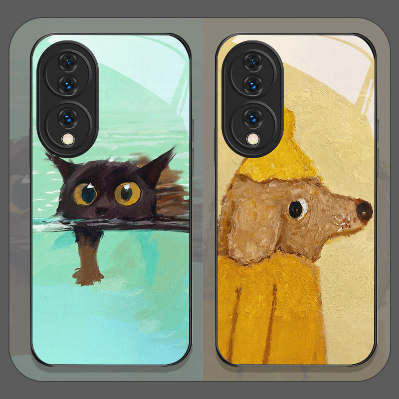 Phone Cases Yellow - Oil Painting Yellow Dog Black Cat