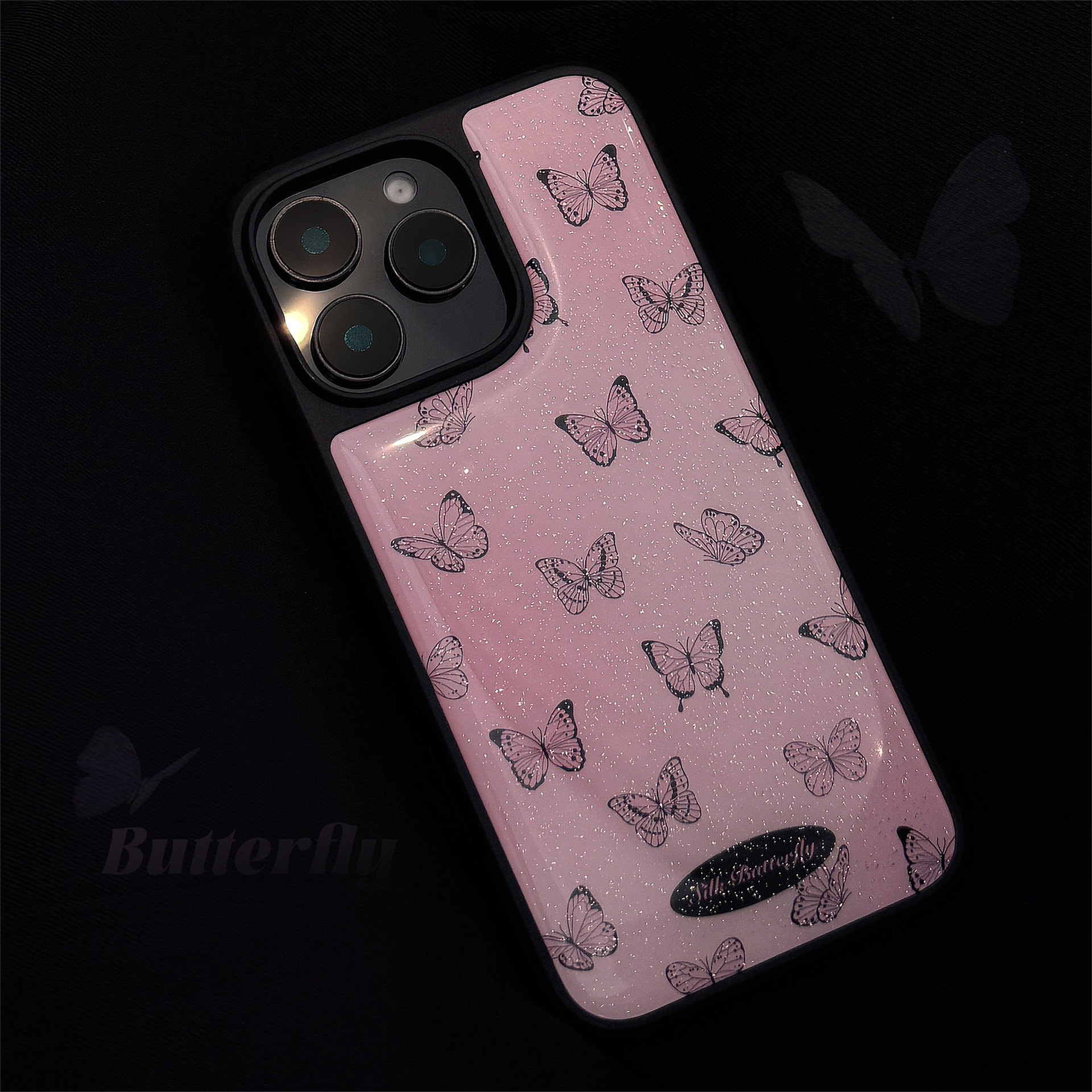Phone Cases Korean - Korean Glitter Black Butterfly Pattern Drop