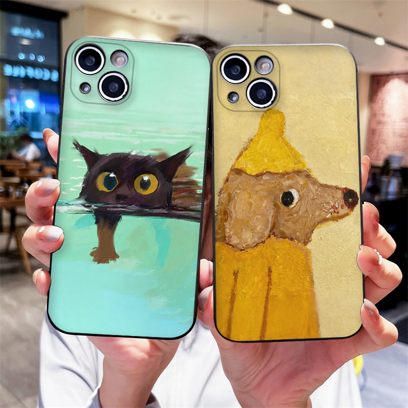 Phone Cases Yellow - Oil Painting Yellow Dog Black Cat
